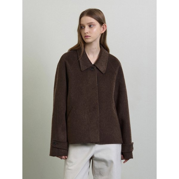 울 핸드메이드 크롭 코트 - 브라운