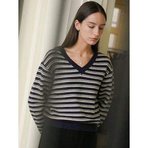 Stripe loose fit v-neck knit_Navy