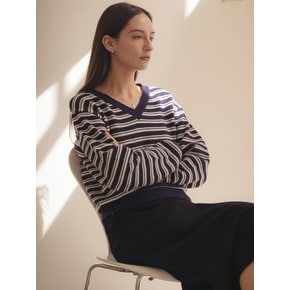 Stripe loose fit v-neck knit_Navy