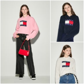 여성 브이넥 플래그 스웨터 T32E6KTO11TWT1 TOMMY JEANS