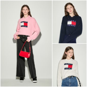 타미진스 여성 브이넥 플래그 스웨터 T32E6KTO11TWT1 TOMMY JEANS