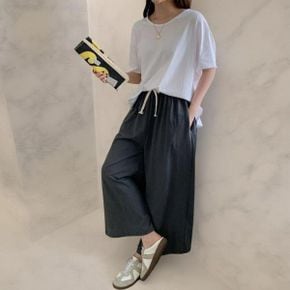 여성 일상용 면 무지 색상 밴딩 와이드 바지_P408711069