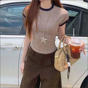 반팔 티셔츠 여성 스트라이프 캡소매 크롭 상의 여름 티