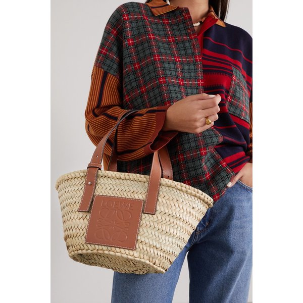 스몰 가죽 트리밍 우븐 라피아 토트 탠 브라운 17428787259094954