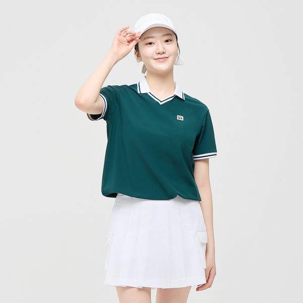[부산점] 여성 에센셜 트리코트 V넥 스트링 반팔티 다크그린_CHE2WST2956DN