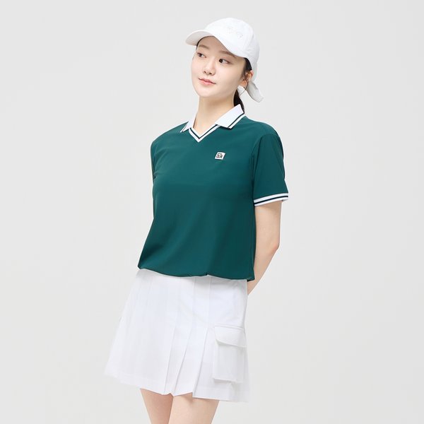 [부산점] 여성 에센셜 트리코트 V넥 스트링 반팔티 다크그린_CHE2WST2956DN