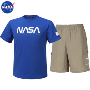 NASA 나사 남녀공용 면 라운드 반팔티+우븐 5부 반바지 상하세트 N-152UBU+N-056PBG 남자 여성 티셔츠 숏팬츠 여름바지 빅사이즈