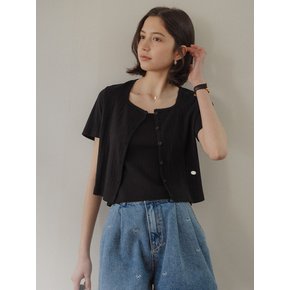 Sleeveless set half sleeve eyelet cardigan_Black