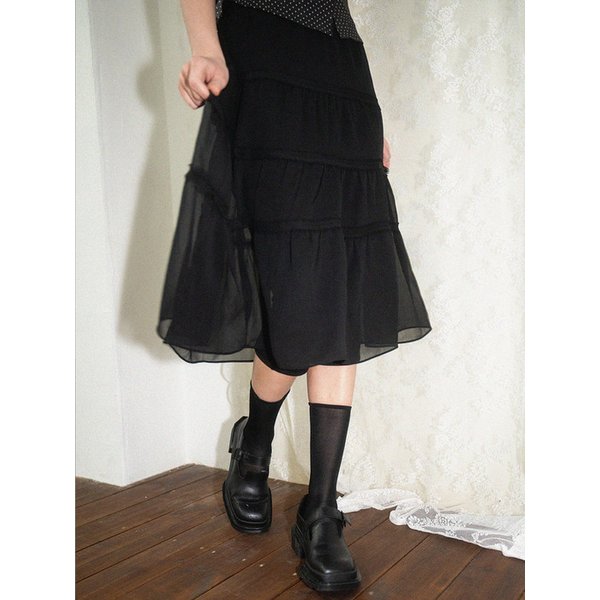 Chiffon shirring skirt-Black