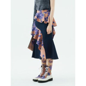 Denim Floral print Ruffle Detail Skirt