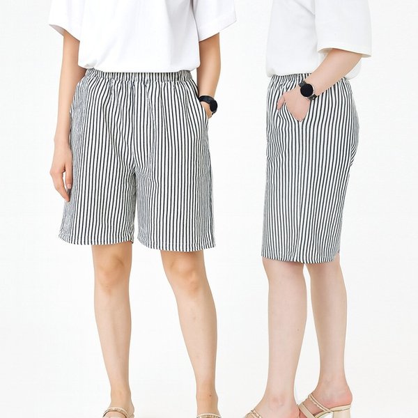 여름 데일리룩 시원한 스트라이프 슬림 5부 팬츠 반바지