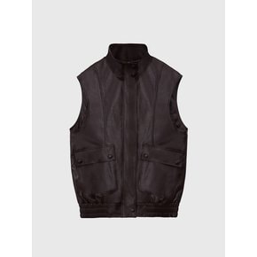 Leather Middle Neck Flap Pocket Over-fit Quilting Vest