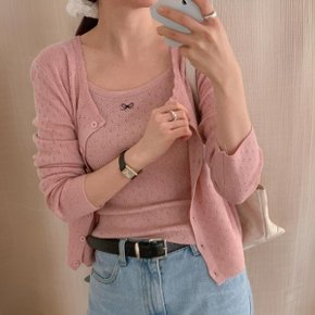 CSD2452펀칭 그물가디건 봄니트 리본끈나시 뷔스티에 셋업
