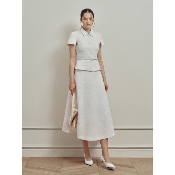 [SET] Camille Jacquard Belted Jacket + Flare Skirt  [White]