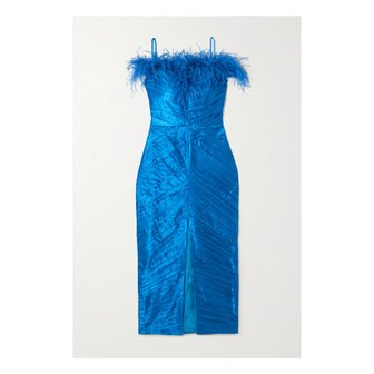 라사리오(RASARIO) 라사리오 Feather-trimmed Ruched Satin Midi Dress 블루 42247633208620088