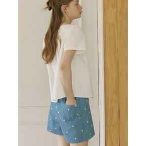 Daisy Embroidery Banding Shorts -  Blue