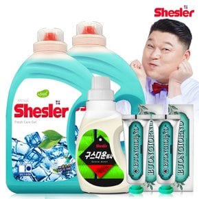 강호동의 쉬슬러 액상 세제 후레쉬 3.05L 2개+구스다운워시전용 650ml 1개+구취케어 치약100g 2개.