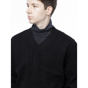 Dense Cable V-neck Kint - Black /M243TP07BK