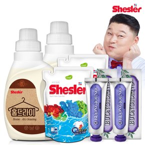 강호동의 쉬슬러 액상 세제 홈드라이전용 650ml 2개+세제리필 500ml 2개+잇몸케어 치약 100g 2개.