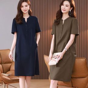여자 브이넥 시원한 소재 반팔 원피스 URK 492_P397185824