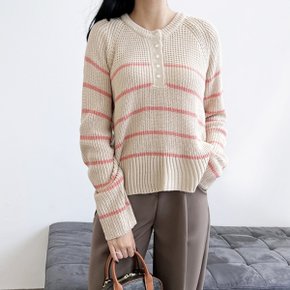 블레오 여자 버튼 단가라 스트라이프 니트 DM2512161548_24202304