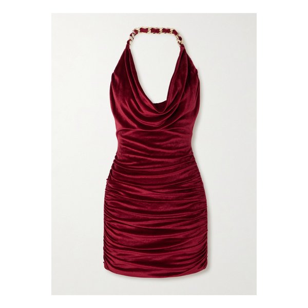 체인 장식 드레이프 벨벳 미니 드레스 버건디 46376663162844027