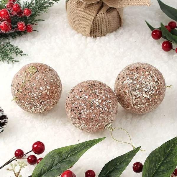확대된 대표 로즈골드 글리터 장식볼 3p(8cm) (반짝이스팽글)
