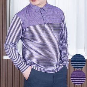 남성 카치온 루체 스트라이프 카라 긴팔 티셔츠 네이비퍼플/국내생산/95-105/카치온/피케티/간절기 남성 카