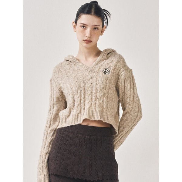 SOFT CABLE HOOD CROP KNIT_OATMEAL