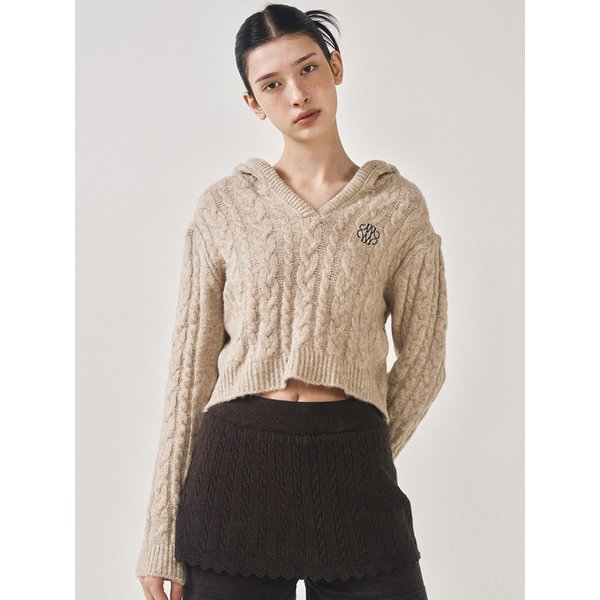 SOFT CABLE HOOD CROP KNIT_OATMEAL