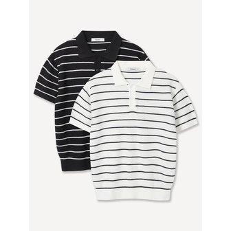 폴리그램 텍스처 스트라이프 카라 반팔 니트 - 3COLOR