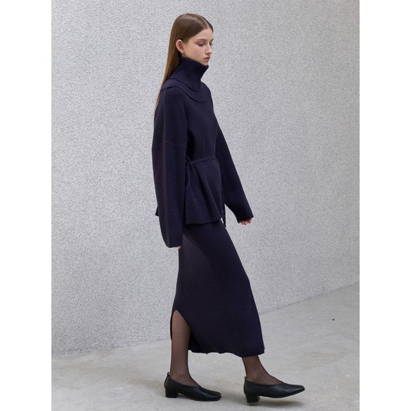 [세트] 라운드 터틀 니트 + 니트 롱 스커트 네이비 amr2208