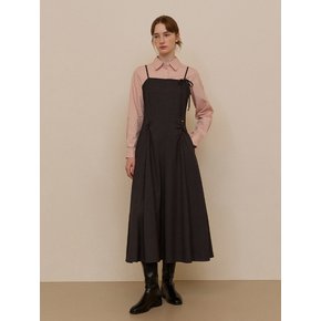 Shirring line ribbon long dress - deep grey