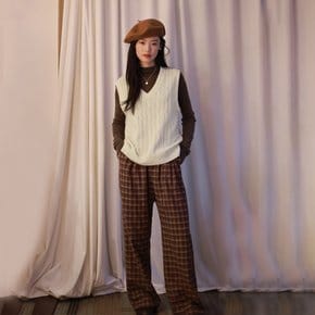 LS_Plaid wide-leg banding pants