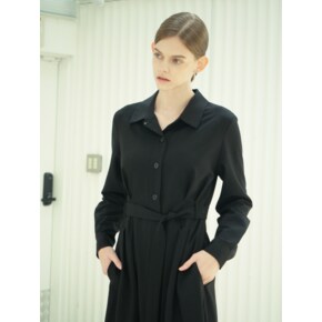 Pintuck Detail Belted Shirt Dress _Black