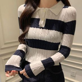 모린트 스트라이프 카라 슬림핏 니트_P382346193