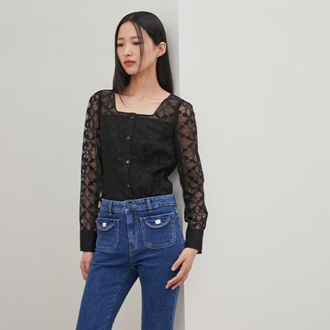 에고이스트 스퀘어넥 슬림핏 볼륨 블라우스 (EQ2WB362)