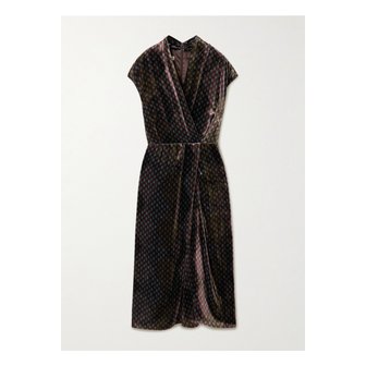 드리스반노튼 프린트 벨벳 랩 이펙트 미디 드레스 블랙 46376663162929342