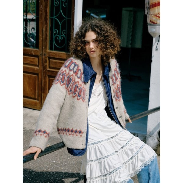 Double Layer Quilted Cardigan (Navy/Beige)