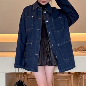 여성 카라넥 진청 데님 롱 자켓 오버핏 하프 청자켓 스타일리쉬 간절기 아우터_P406674250