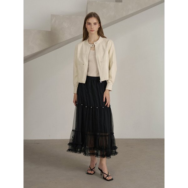 진주 프릴 샤 롱 스커트 - 블랙