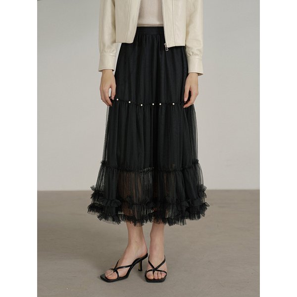 진주 프릴 샤 롱 스커트 - 블랙