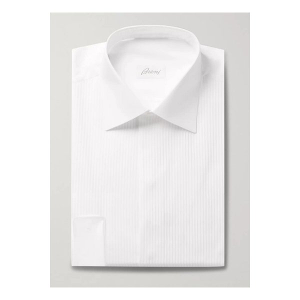 브리오니 화이트 슬림 핏 빕 프론트 더블 커프 코튼 보일 셔츠 화이트 666467151985528