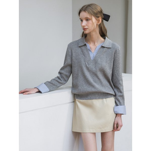 V넥 스트라이프 셔츠 레이어드 카라 긴팔 니트_3color