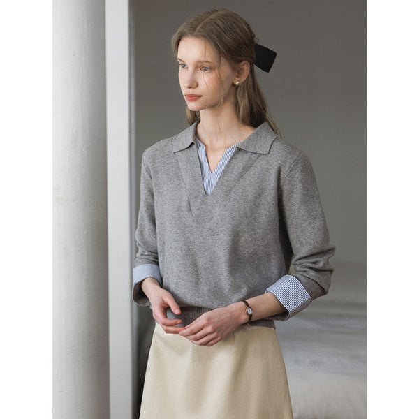 V넥 스트라이프 셔츠 레이어드 카라 긴팔 니트_3color