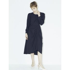 Long Sleeve Shirring Midi Dress - Black