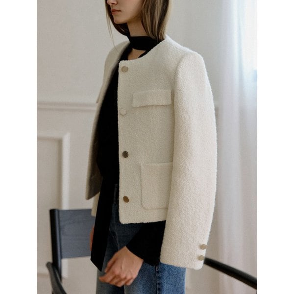 Boucle Round Neck Wool Jacket Ivory AT5JAF040IV