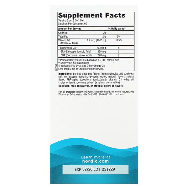 노르딕 내추럴스 오메가3D 690mg+1000IU 오메가+비타민D3 레몬맛 120소프트젤