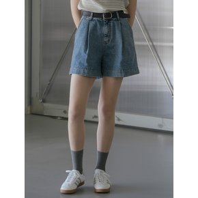 High waist one tuck denim short_Blue