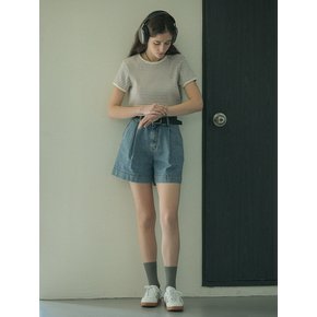 High waist one tuck denim short_Blue